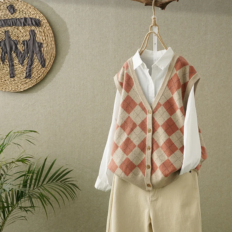 

Cardigan knit vest women's sleeveless short retro plaid all-match casual waistcoat outer wear outer wear 2022 spring new