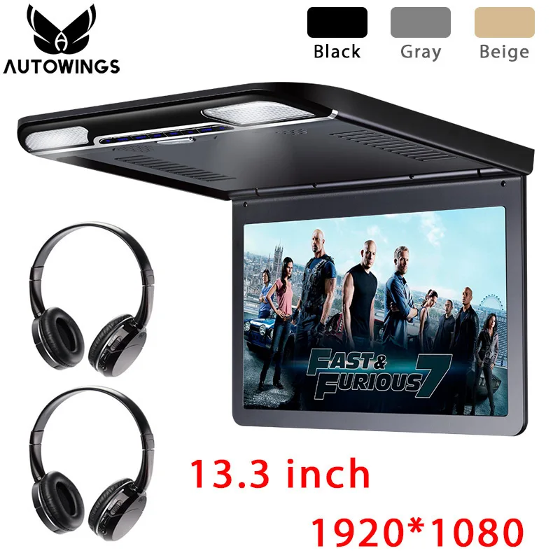 13.3 inch Car Flip Down Monitor Video Player 1920*1080P Full HD TFT LCD Screen TV 2 IR Wireless Headphone USB SD DMI MP5 - купить по