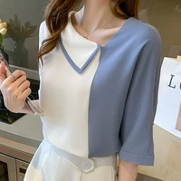 blusas mujer de moda 2021 new loose chiffon shirt womens blouses and tops skew collar short sleeve solid elegantes female 2101