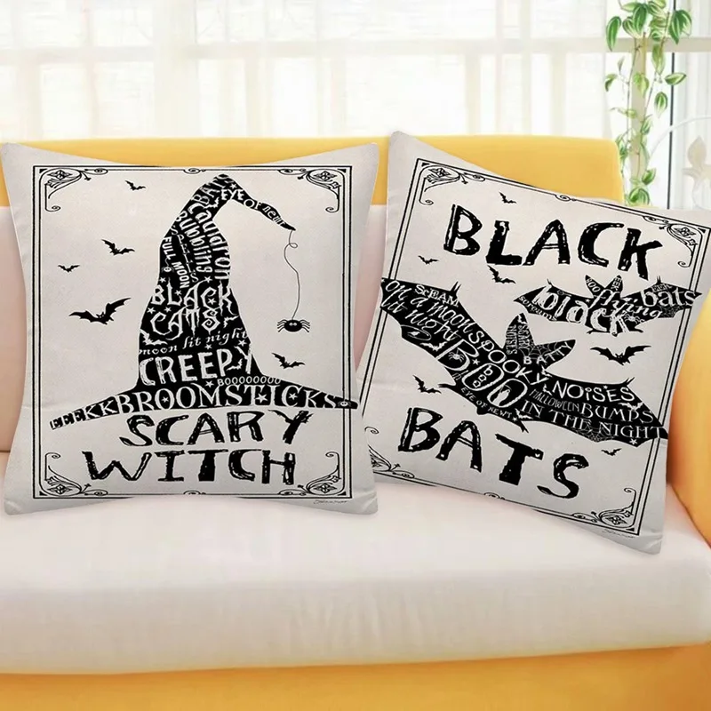 Декоративный льняной чехол для подушки на Хэллоуин с принтом летучая мышь