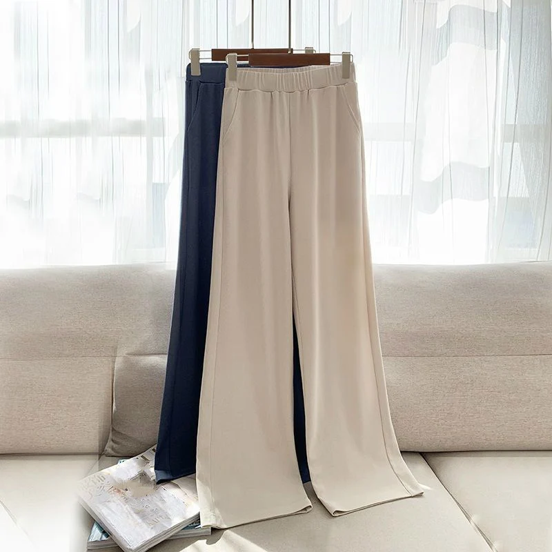 

Summer Girls Knitted Beige Wide Leg Pants Female Trousers Women Casual Homewear High Waist Loose Plus Size Cropped Sweat Pants