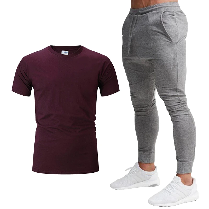 

Men's 2-piece T-shirt, trousers and top set solid color cotton sportswear casual sportswear 2021