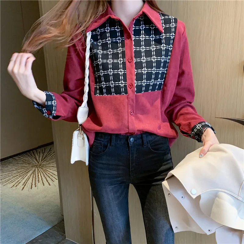 

Shirt women 2020 autumn and winter new Korean version of long-sleeved shirt stitching shirt outside wearing chic loose retro top