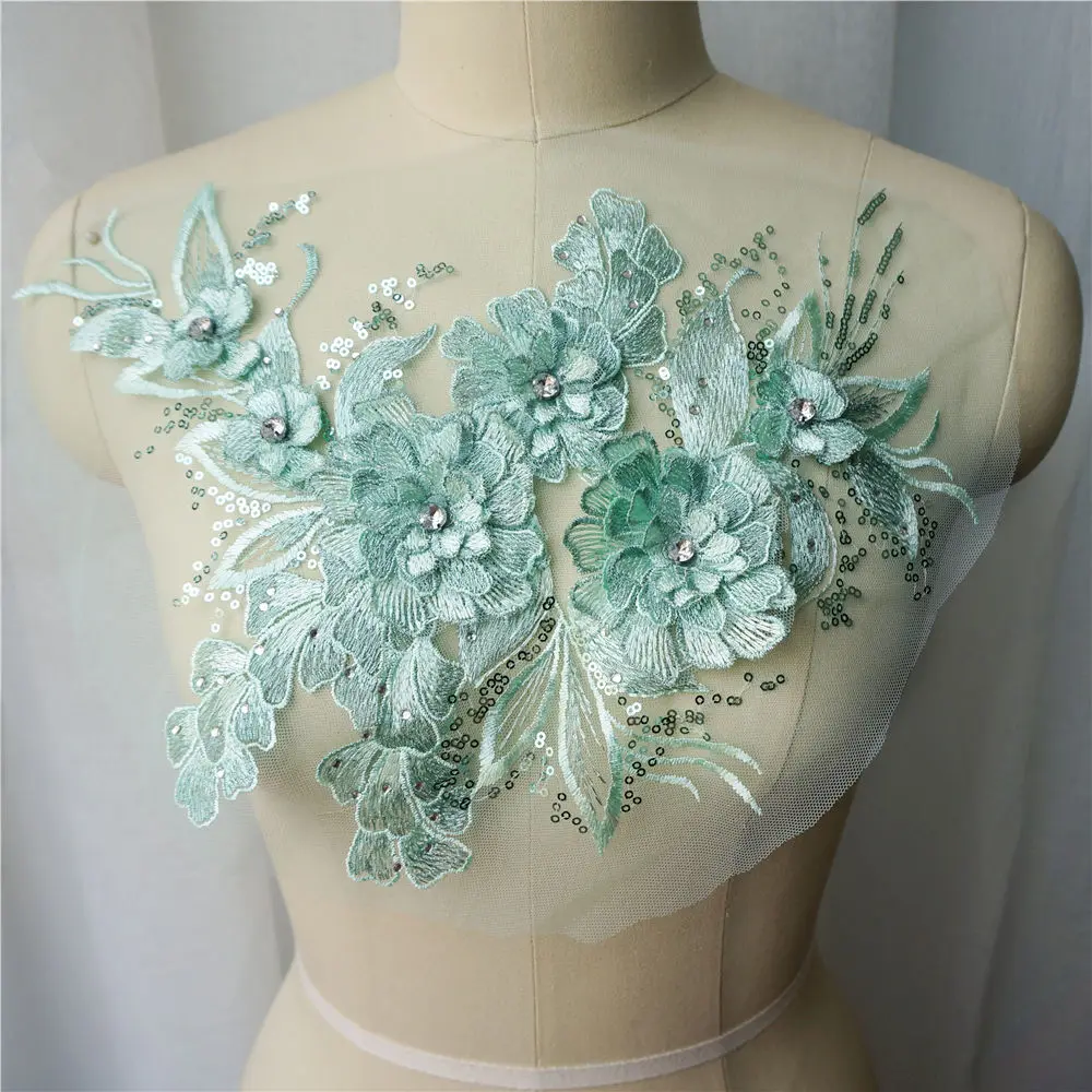 Mint green Серый синий красный 3D цветок ткань из листового Кружева Блестящие Стразы вышитая одежда аппликации Воротник Сетки пришить патч для свадебного декора - Цвет: Mint green