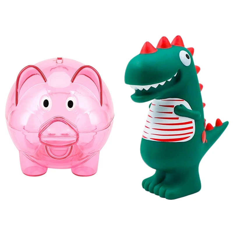 

2 Pcs Piggy Bank Coin Box Money Cash Saving Case Kids Toy Gift, Pig & Dinosaur