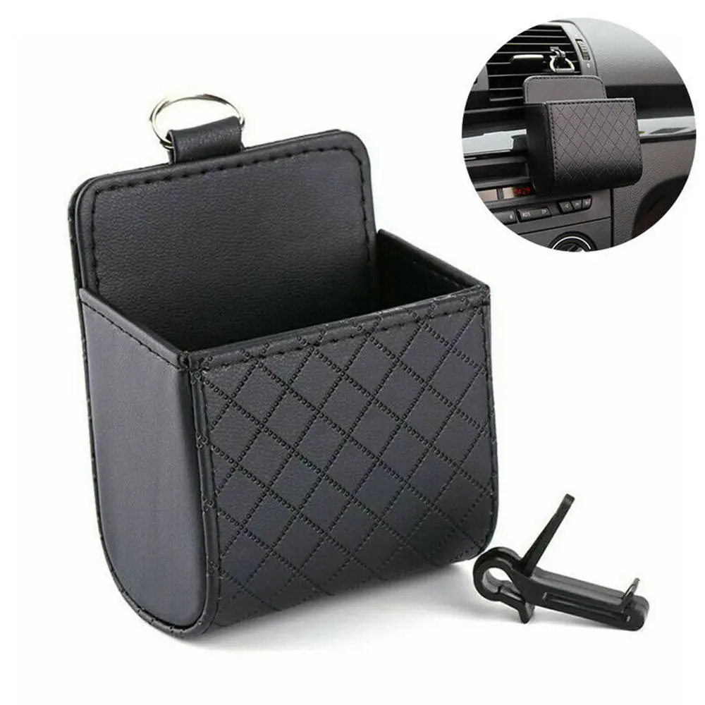 

Car Air Vent Leather Pouch Storage Bag with Hook for Keys Coin Cellphone Glasses