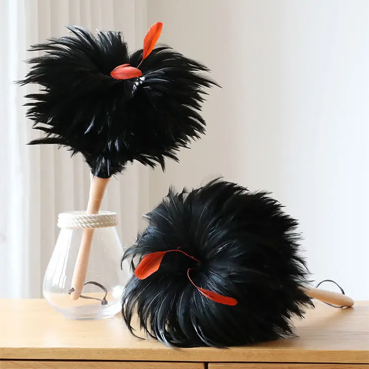 

Handwoven 37cm Black Decorated Rooster Feather Cleaning Duster with Beech Handle and Cowhide Hanger for Household Dust