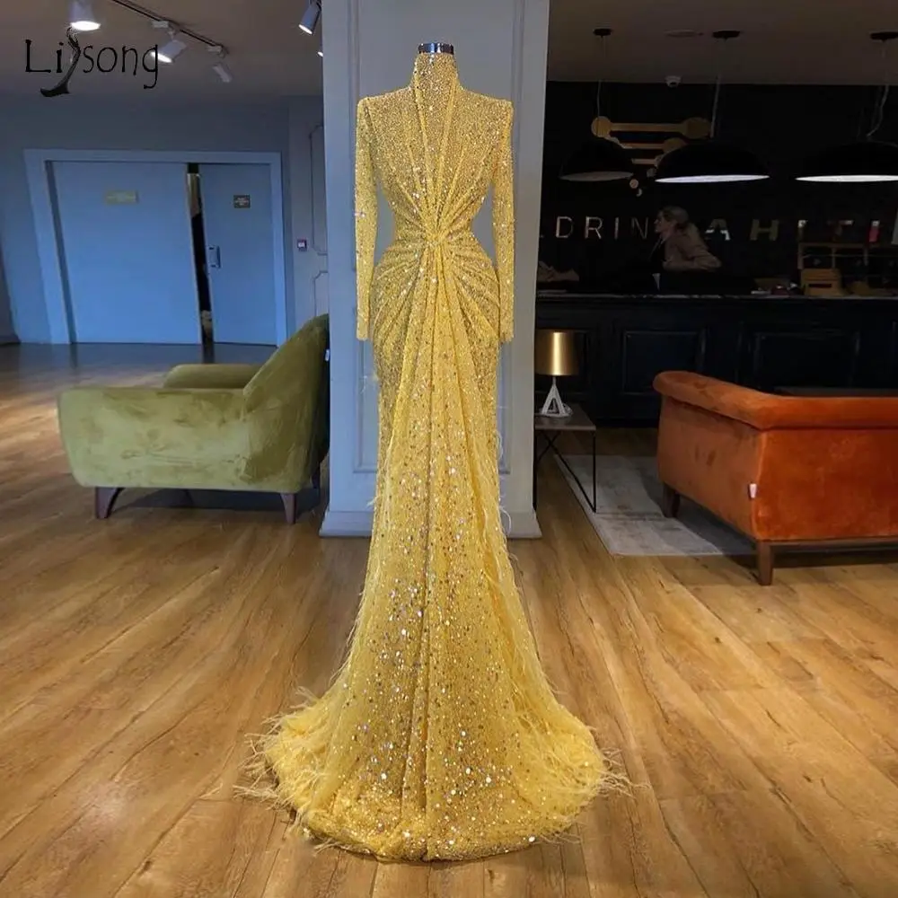 Дубай Роскошные желтые расшитые бисером платья русалки для выпускного вечера с