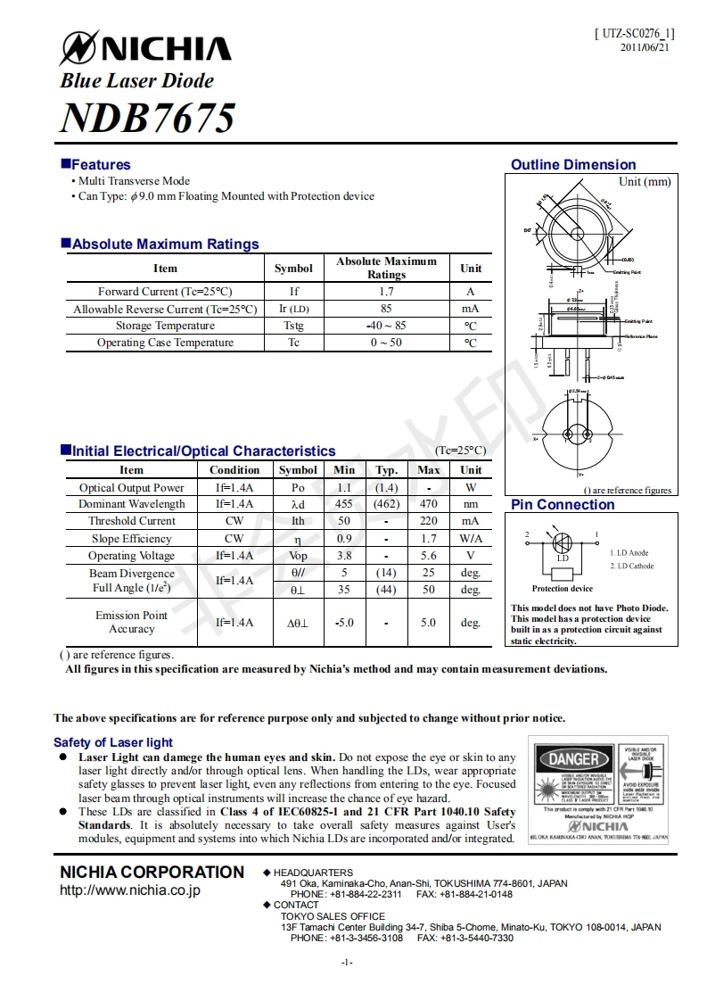 Nichia Blue 9 мм NDB7675 синий 462nm 1 4 Вт лазерный диод (Совершенно новый)|Эффект освещения