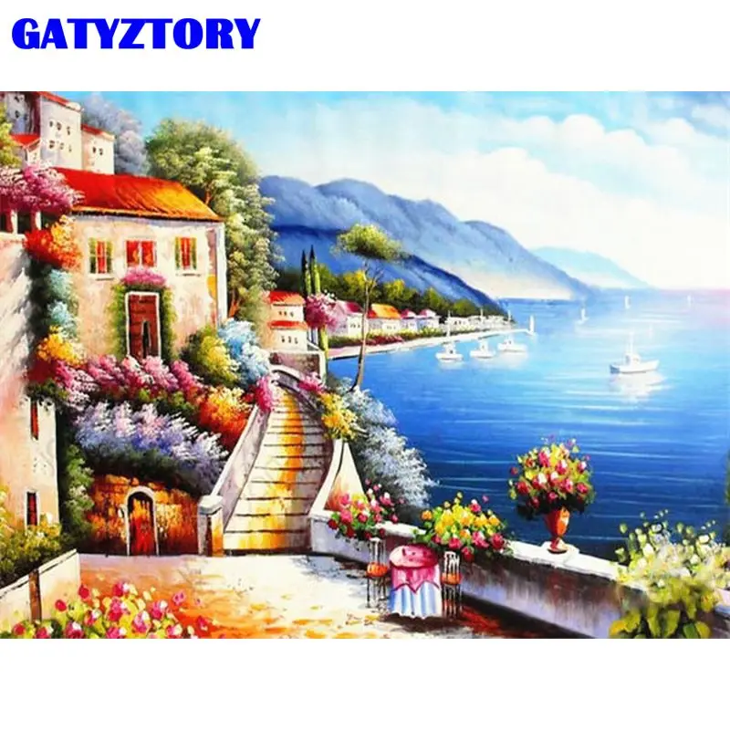 

GATYZTORY Oil Painting By Number Seaside House Scenery Handpainted Gift Pictures By Numbers Diy Frame For Adults Home Decoration