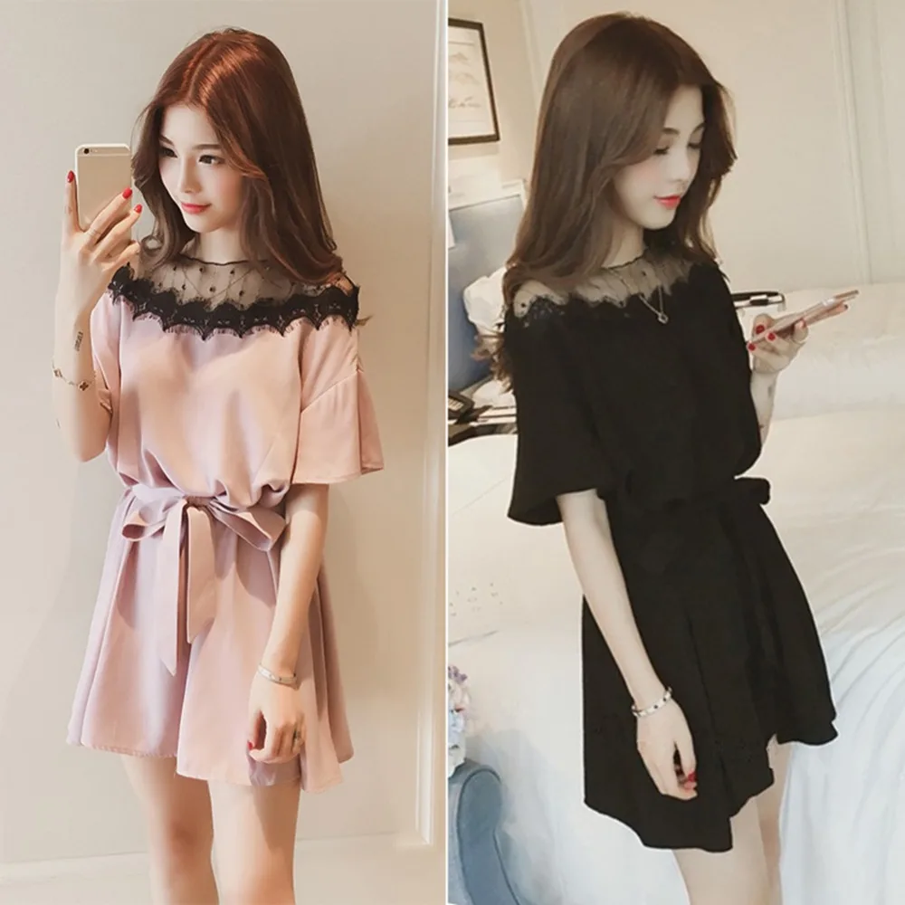 

Short-sleeved leggings Slim waist summer women's sexy round neck lace stitching mini dress