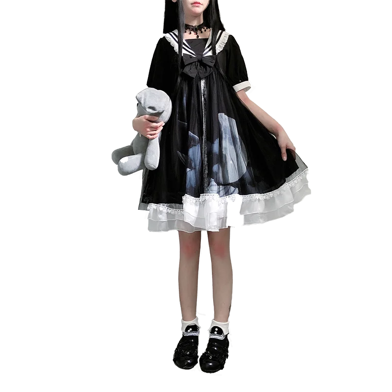 

Genuine Summer Japanese Dark Wind Girl Light Lolita Skirt Soft Girl Gothic Dress Loli Dress Puff Sleeve Lace Ruffles Party Dress