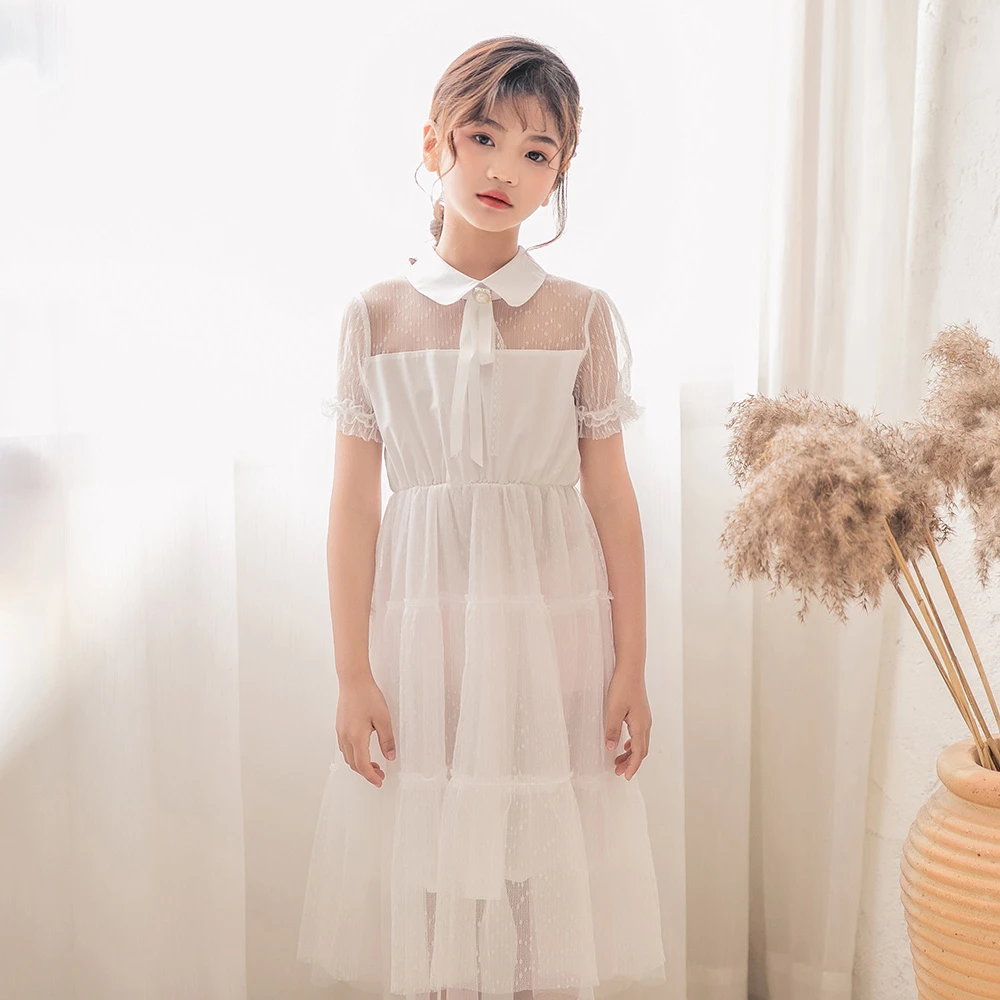 

Beige Blue Girl Dress Summer 2022 New Party Gown Dresses Kids Clothing Patchwork Long Dress For Girls Casual Turn Down Collar