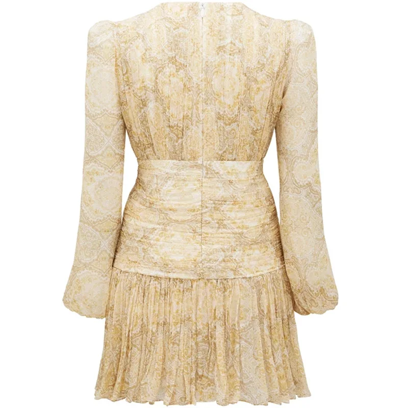 Женское шифоновое платье бежевое вечернее с длинным рукавом и v образным вырезом