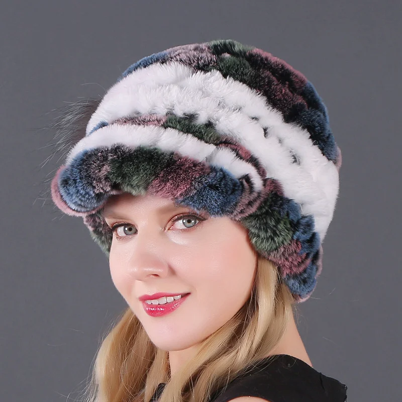 

Women's Genuine Rabbit Fur Hats Autumn-Winter Fashion Visors Cap Striped Top Flower Real Rabbit Fur Warm Real Fur Knit Caps