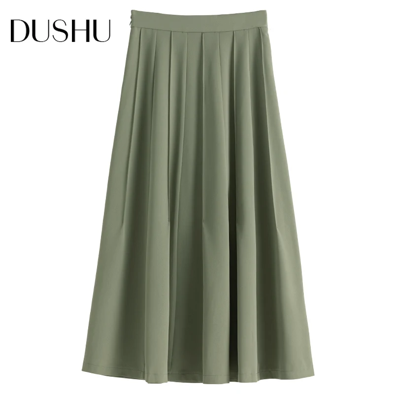 

DUSHU Plus size high waist green pleated skirt Women elegant long spring summer skirt Female casual streewear a-line skirts