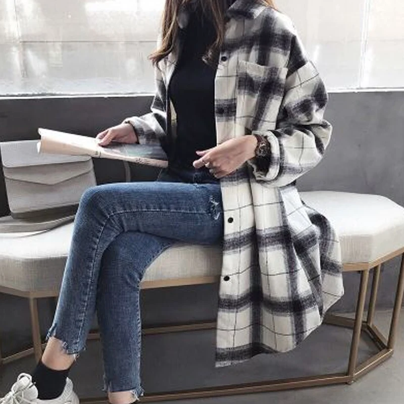 Women Autumn New Retro Loose Black &amp White Plaid Blouse Lapel Long Sleeve Casual Summer Mid-Long Blouses | Женская одежда