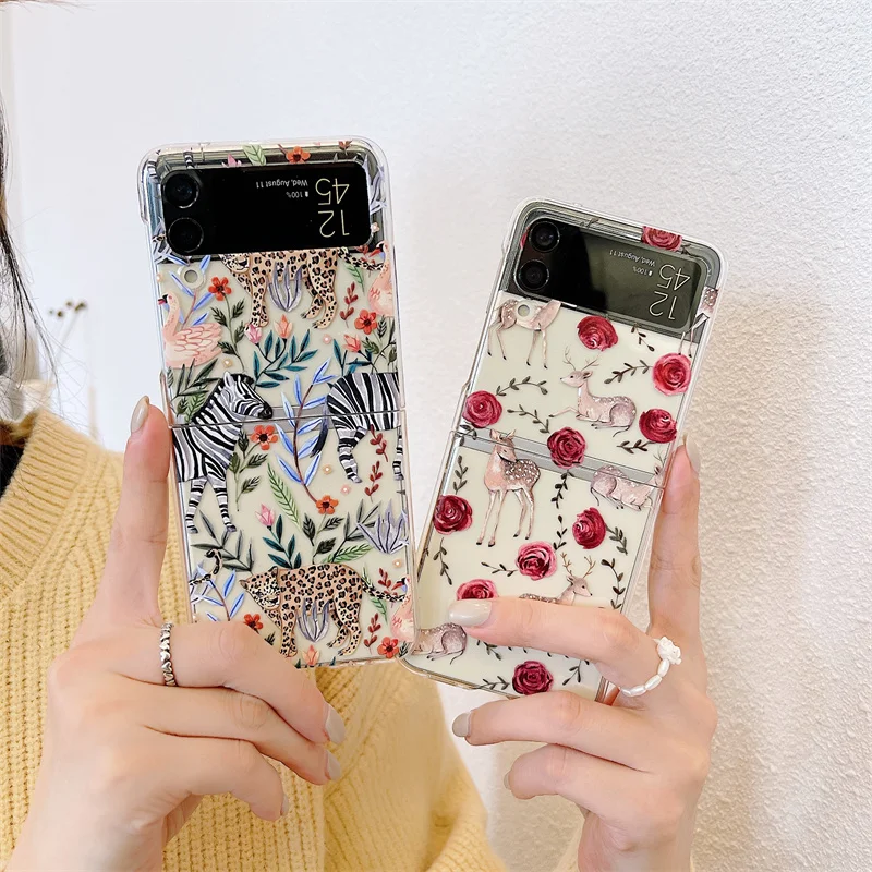 

Funny Animals Clear Phone Back Case Capa for Samsung Z Flip 3 5G Coques Cute Jungle Pattern Hard Phone Cover Folding Cases Funda