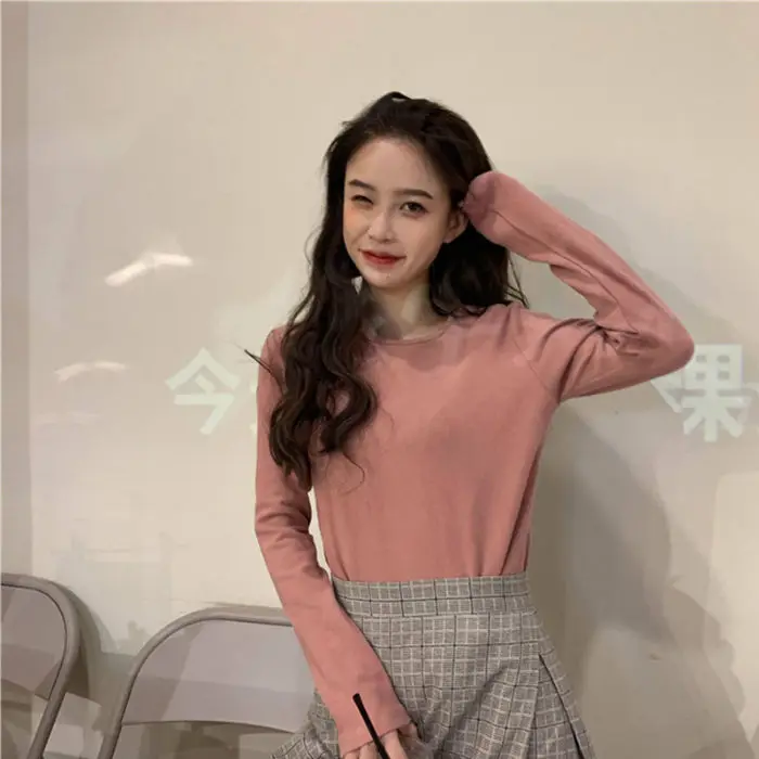 

Top Oversized t-shirt 2020 new Slim and thin solid color top, simple and versatile long sleeve T-shirt, female student