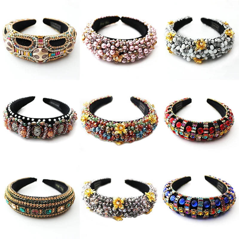 

Baroque Boho Rhinestone Headband Crystal Colorful Bead Inlaid Hair Band For Woman Prom Gift Wedding Hair Hoop Hair Accessories