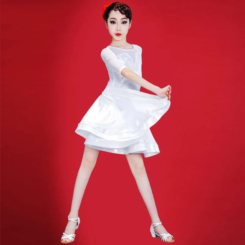 

2019 Summer New Children'S Latin Dance Dress Girls Competition Dress White Mesh Fish Bone Skirt For Kids Stage Dancwear DWY2319