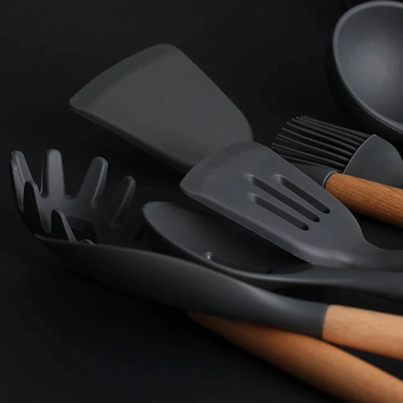 silicone kitchenware cooking utensils set non stick cookware accessories spatula wooden handle black cute kitchen gadget sets free global shipping