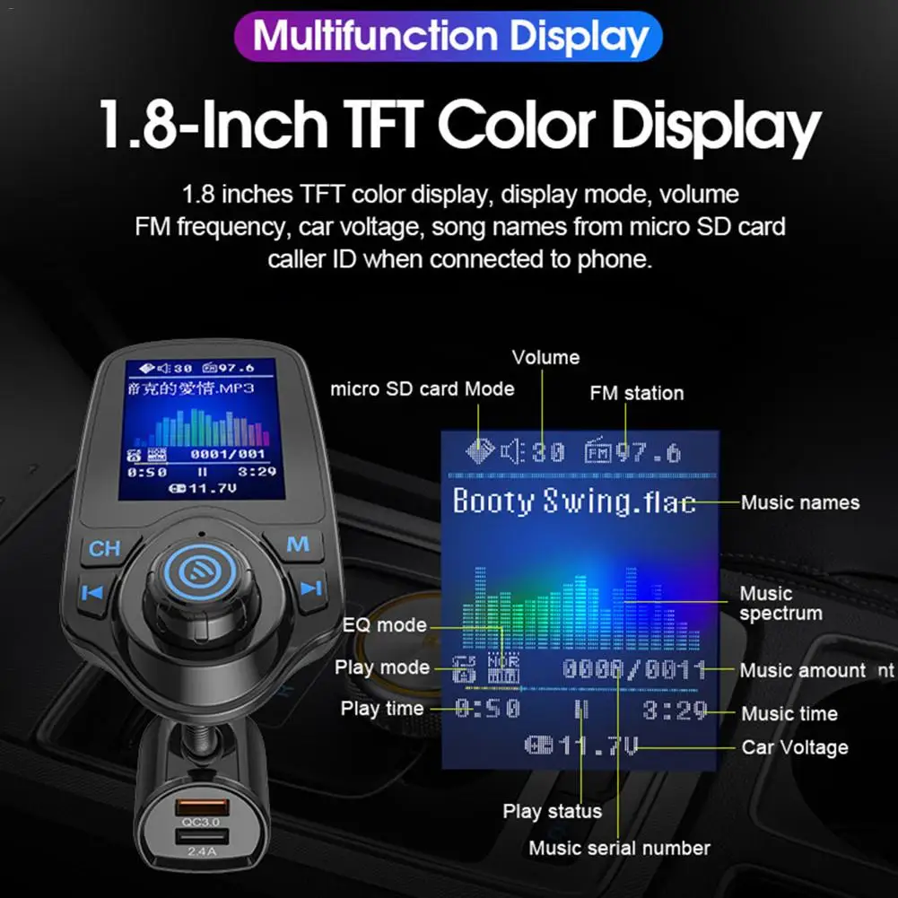 

Car WirelessBluetooth FM Transmitter Radio Adapter 1.8Inch Display Supports TF/SD Card And QC3.0 5V/2.4A Charging For All Phone