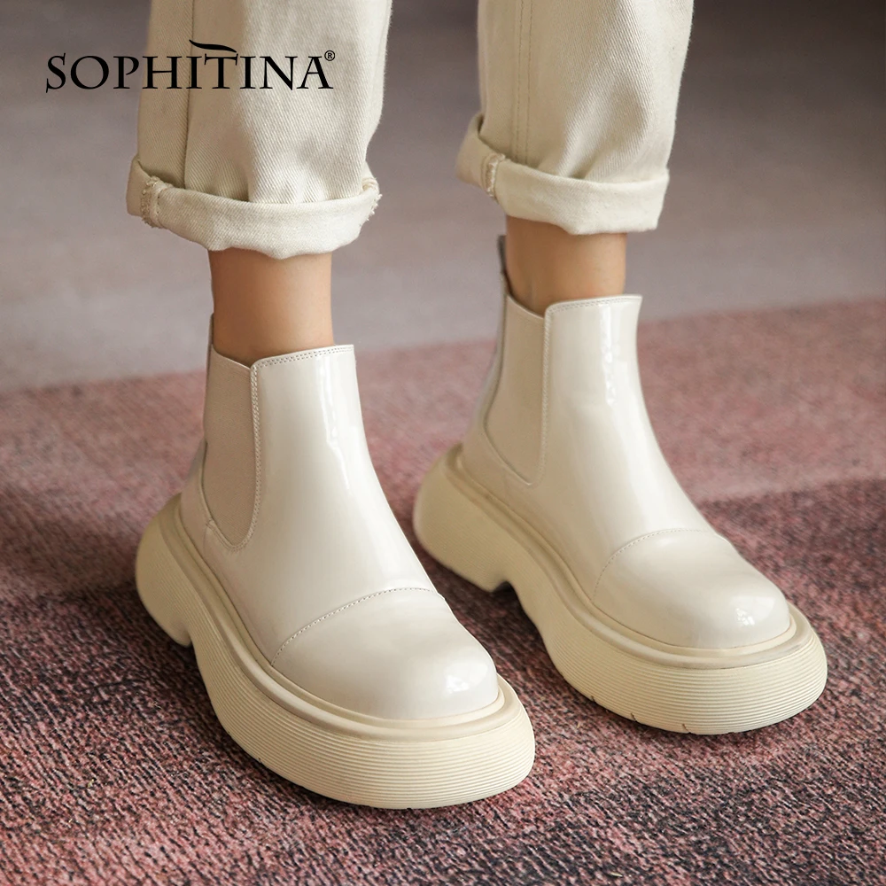 

SOPHITINA Fashion Ankle Boots Handmade Genuine Leather Round Toe Flat With Modern Boots Thick Bottom Sewing Office Shoes HO122