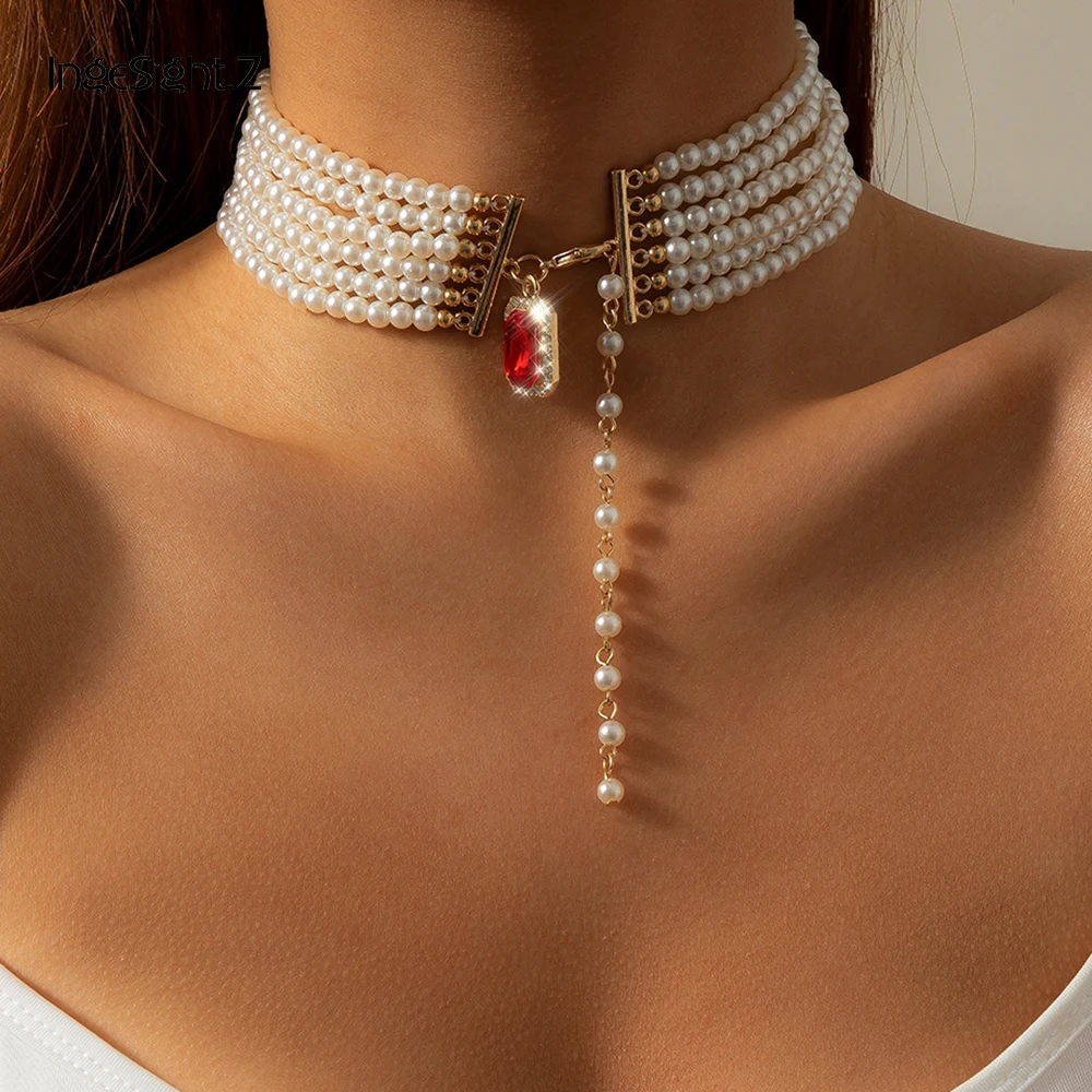 

IngeSight.Z Multi Row Imitation Pearl Choker Necklace Statement Red Color Rhinestone Crystal Pendant Necklaces for Women Jewelry