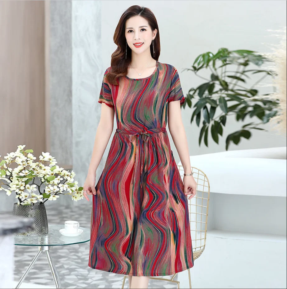 

Beardon Women's Summer Cotton Silk Over-the-Knee Dress Short Sleeve Belt Mid Length Loose Floral Dress 5XL