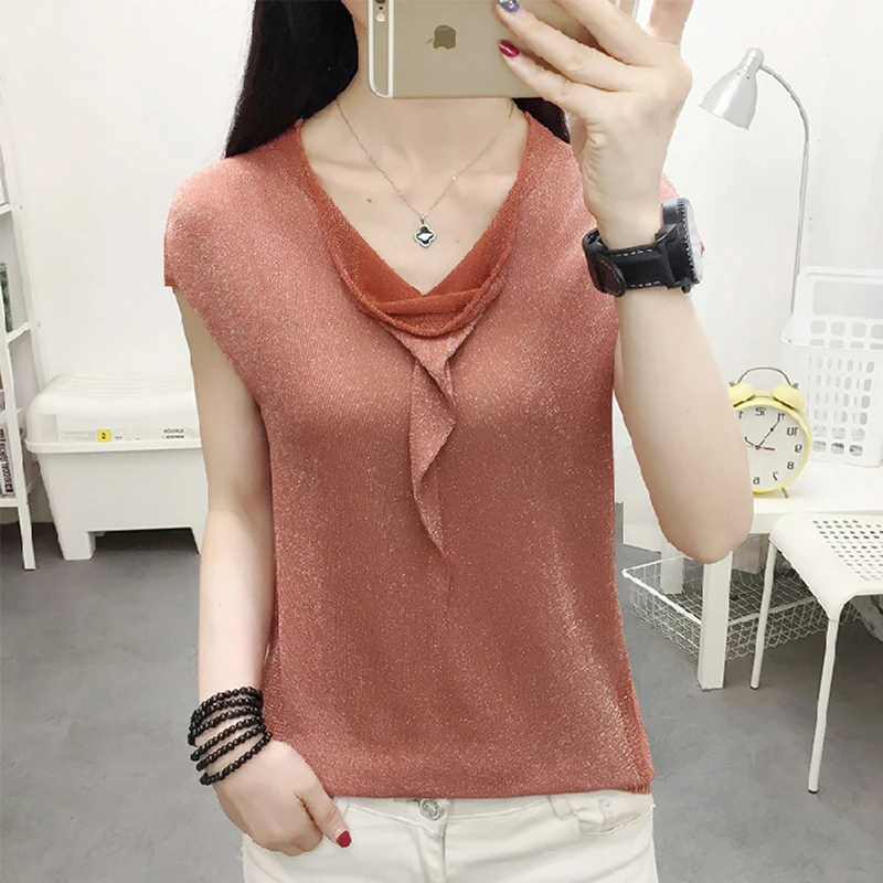 Lurex Women's knitted T-shirt Tops Ruffled V-neck Tshirt Loose casual soft knitting Tee shirt Female 2020 summer Dames T | Женская