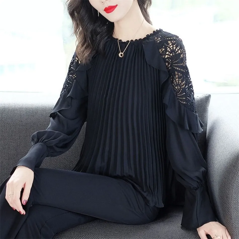 Женская шифоновая блуза с длинным рукавом круглым вырезом и кружевом | одежда