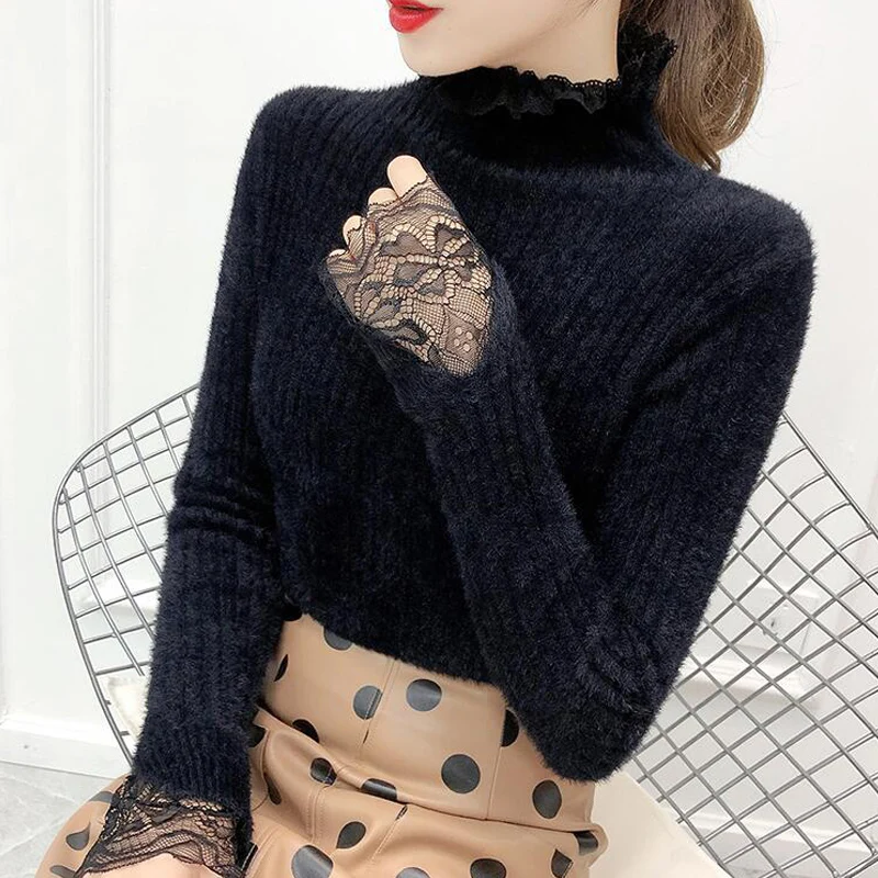 Облегающий свитер из искусственного меха норки женский осенне-зимний вязаный