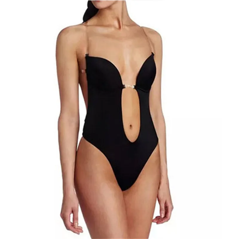 

Women Seamless Bodysuit Underwear Sexy Lingerie Invisible Bra Slimming Body Shaper Plunge Deep Cut Bras Strap Brassiere Black