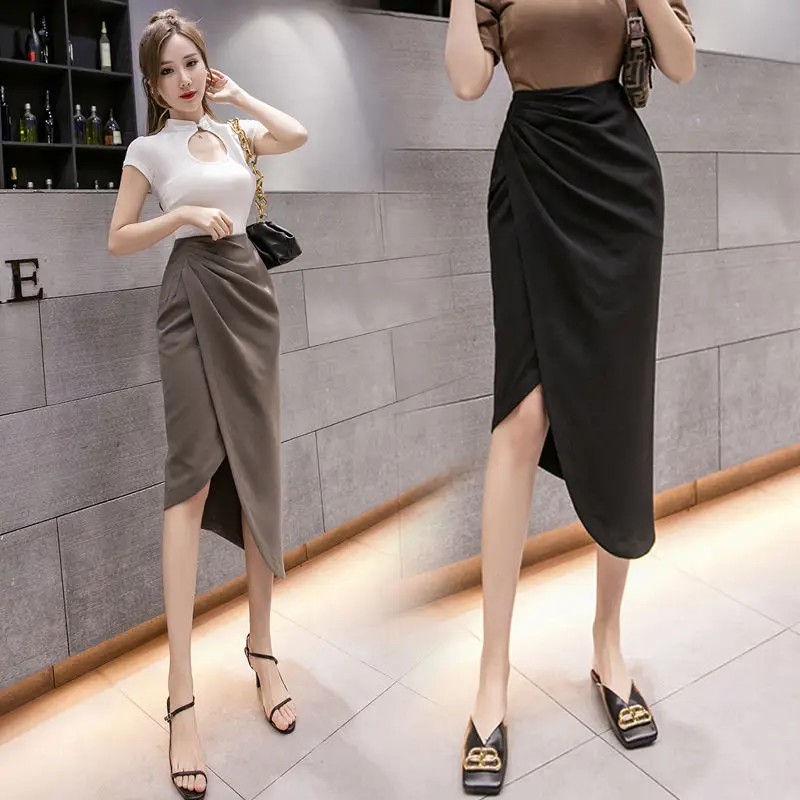

Women 2021 Spring Autumn Skirt Female Work Wear Package Hip Irregular Midi Skirt Ladies High Waist Bodycon Skirts Femininas G08