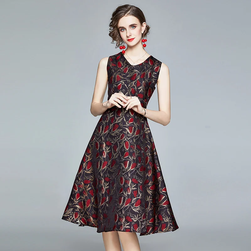 

High quality women Spring Autumn V-neck A-line Femal Ladies Casual streetwear femme fashion brand Sleeveless jacquard dress