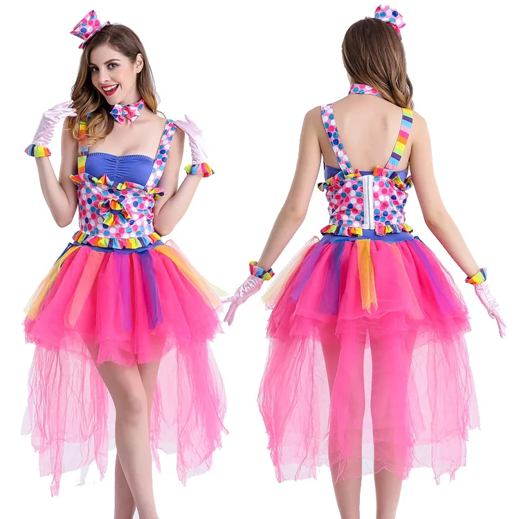 New Adult Costumes Sexy Halloween Circus Clown Color Sling Princess Dress Clothes Stage Performance Clothing