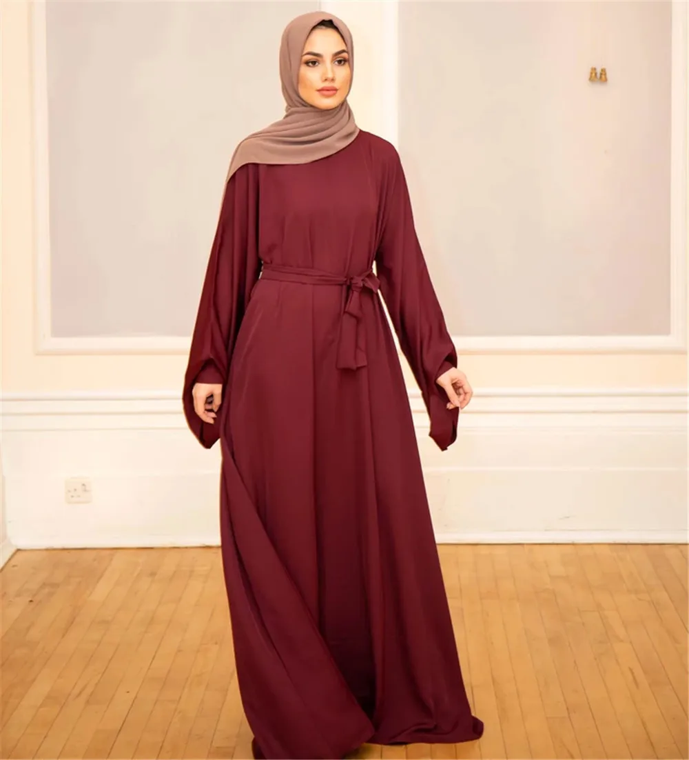 Простое мусульманское платье-макси, абайя для женщин, скромный Длинный свободный хиджаб, халат, кафтан + пояс, искусственная мусульманская о...