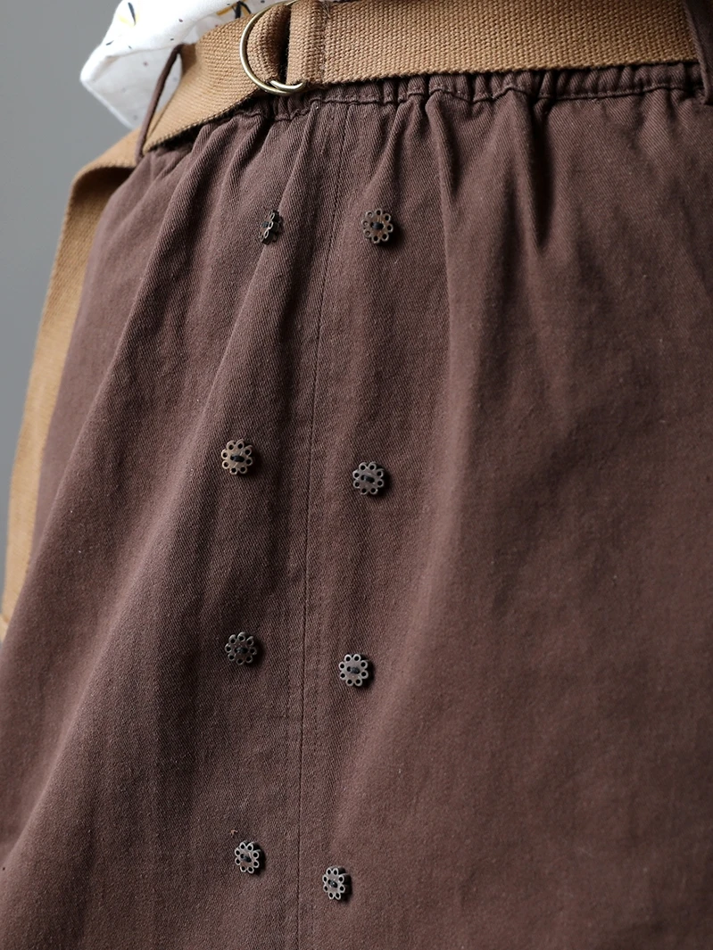 

Free Shipping 2020 New Cotton Long Mid-calf Skirts For Women Autumn Spring Elastic Waist A-line Slit Skirt With Belt Brown Black