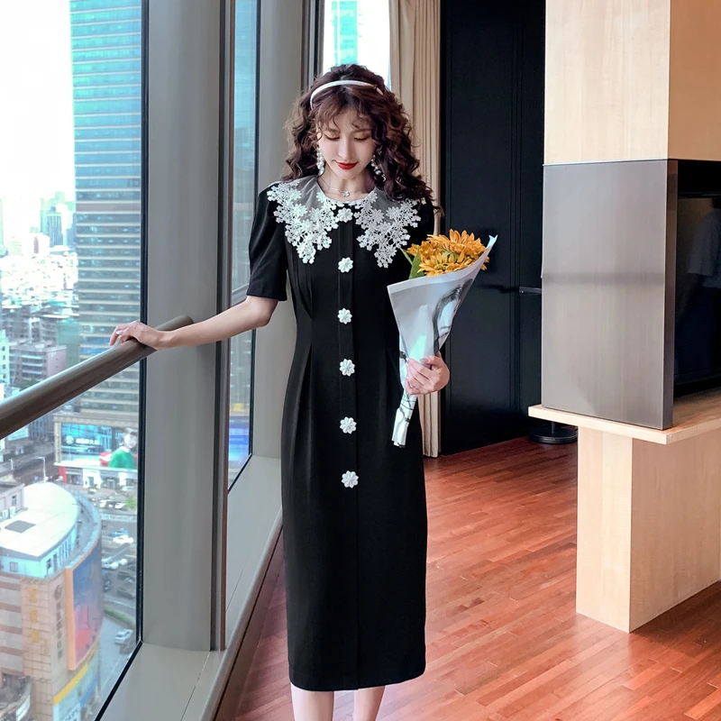 Женское кружевное платье COIGARSAM черное в Корейском стиле с пышными рукавами и