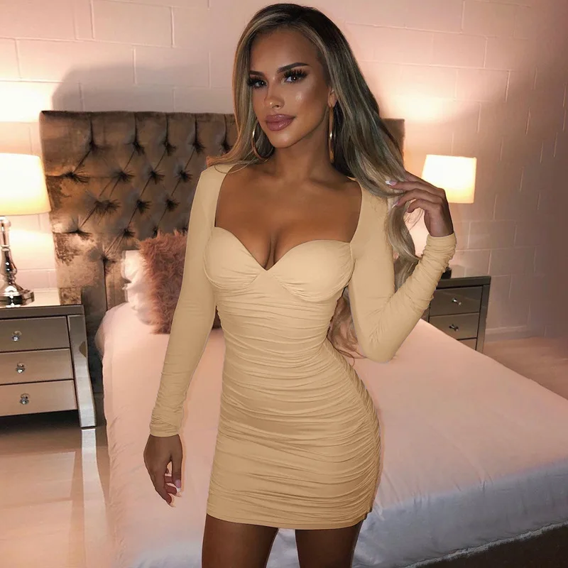 

2021 Women Autumn Deep V-neck Solid Color Bodycon Mini Dress Long-sleeved Party Sexy Clubwear Dresses Slim Pleated Fashion Dress