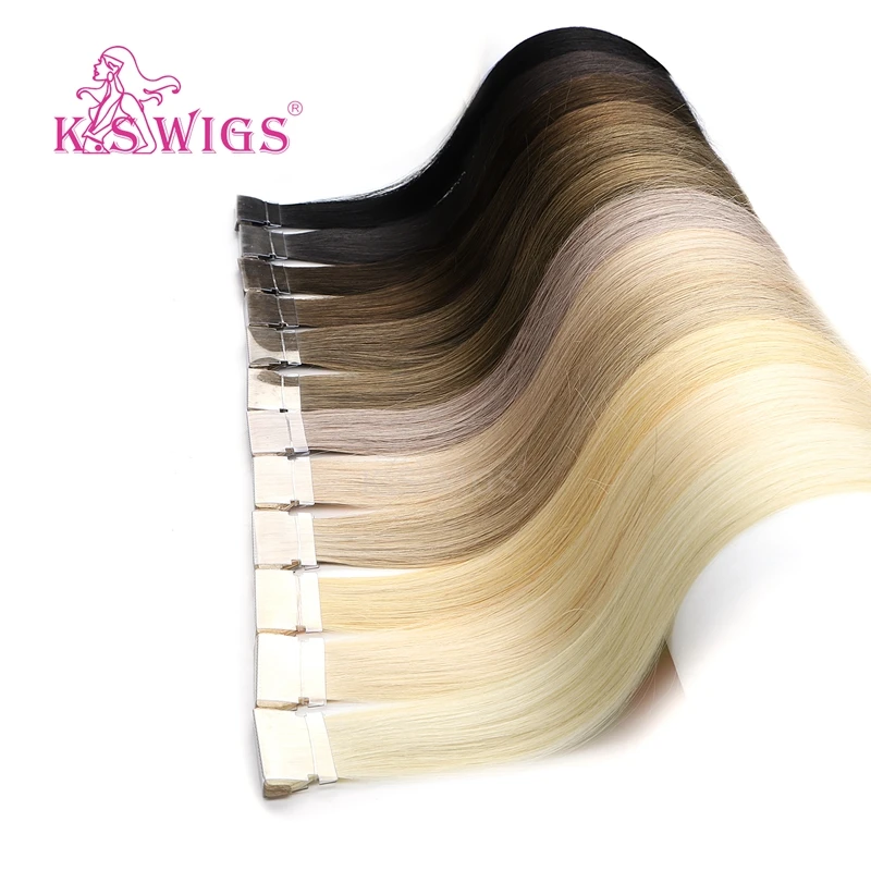 

K.S WIGS Straight Remy Hand Tied Tape PU Skin Weft Human Extensions Salon Samples 10pcs For Testing 16'' 20'' 24''