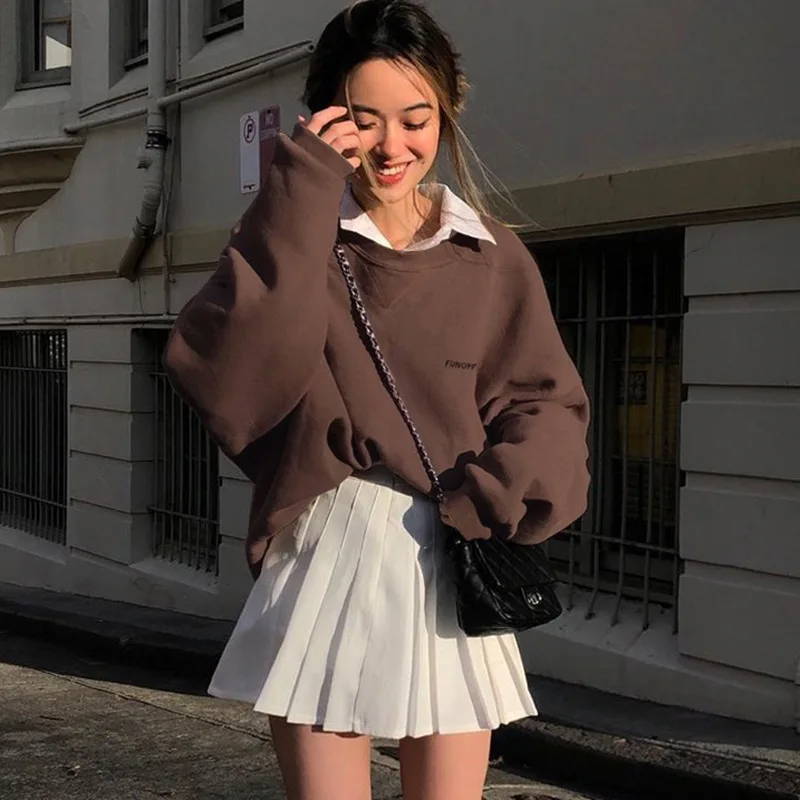 

Oversizes Sweatshirt Women Loose Brown Harakuju Hoodies Letter Print Jumper Casual Sporty High Street Y2K Daily Outwear