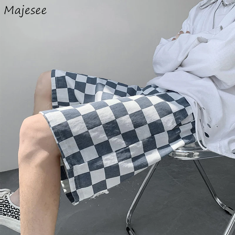 

Jeans Men Plaid Denim Short Knee-length Trouser Summer Elastic Waist Hole Design All-match Korean Fashion Baggy Jean Teen Bottom