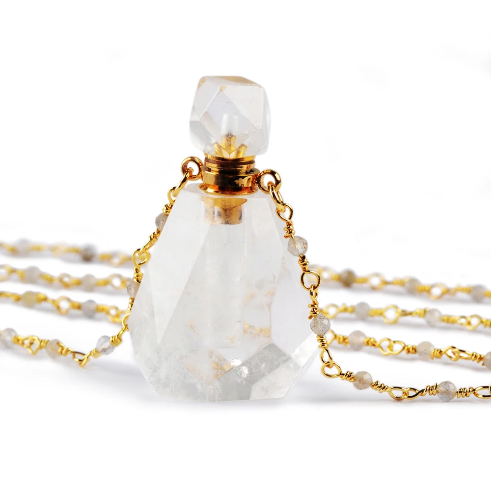 

Perfume bottle with natural stones for women, white quartz essential oil, amazonite amethyst, 26 "necklace
