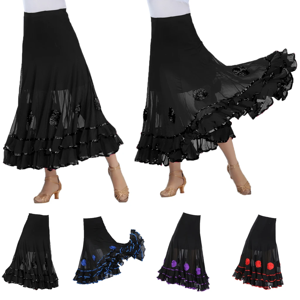 

Flamenco Ballroom Dance Skirt Flower Full Swing Latin Dress Waltz Costumes