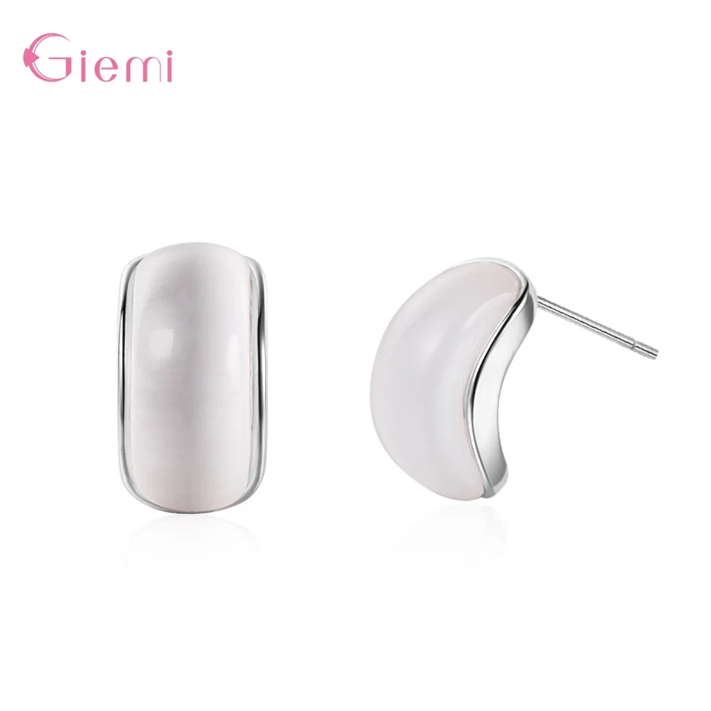 

New Trendy Moon Stone 925 Sterling Silver Simple Semicircular Curved Earring Studs Women Birthday Party Jewelry Small Earring