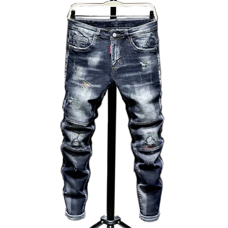 

New Men's Jeans Pattern hole scratches Slim Elastic Fashion Business Trousers Classic Style Cotton Jeans Denim Pants