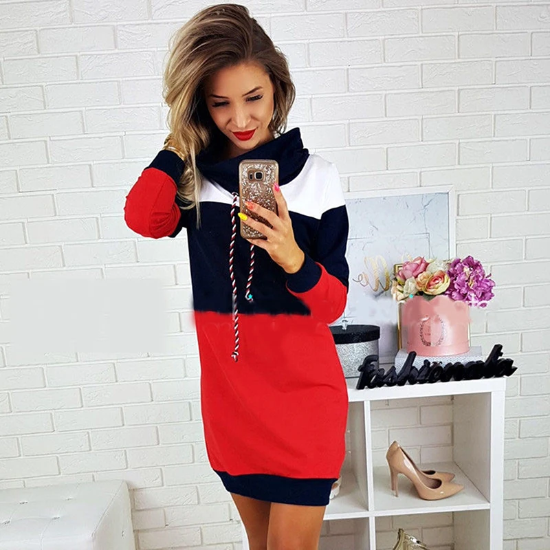 

New Autumn Winter Turtleneck Casual Patchwork Color Hoodie Dress Long Sleeve Hooded Sweatshirt Mini Dress
