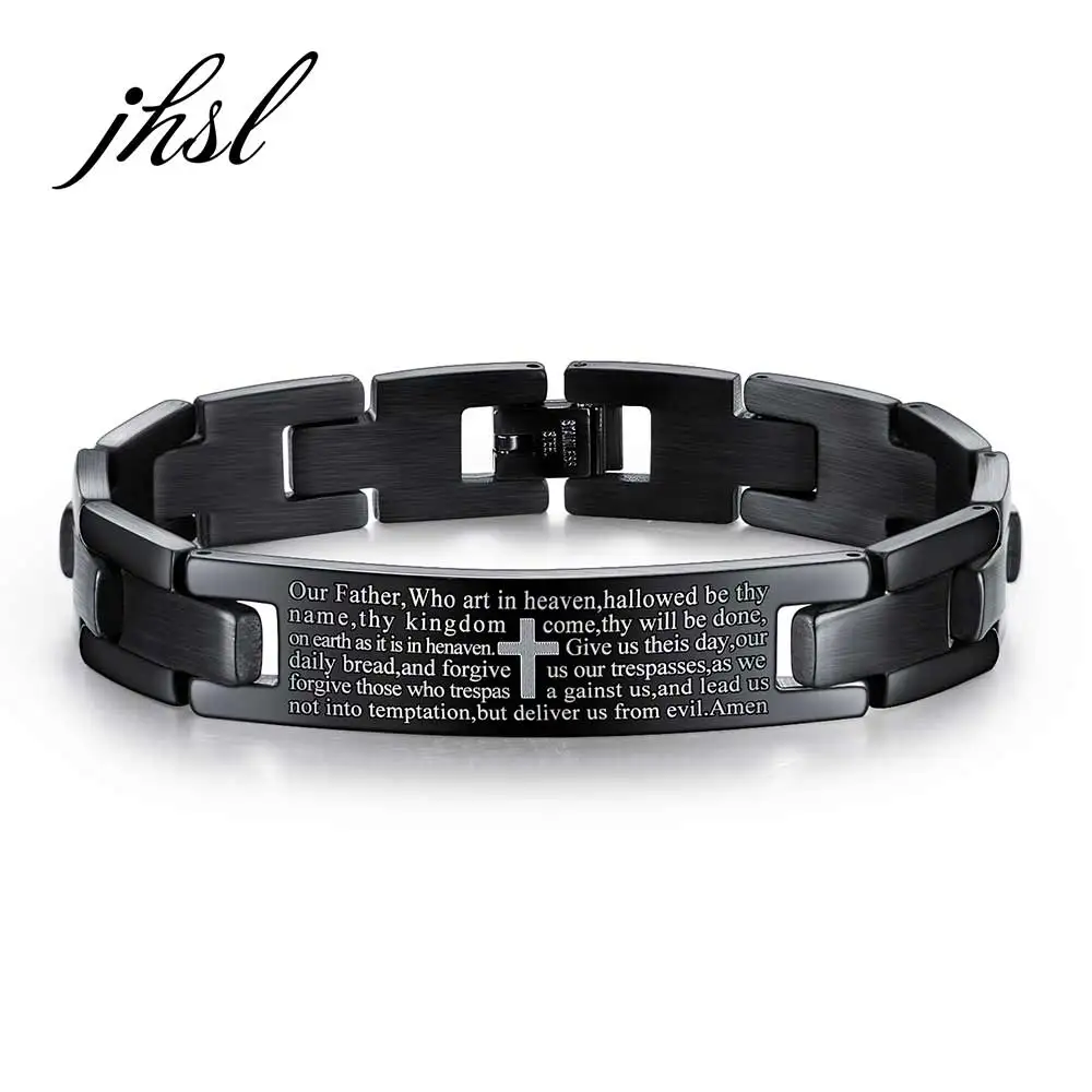 

JHSL Stainless Steel Metal English Lord's Prayer Bracelets Bangle for Men Male Black Fashion Jewelry High Quality